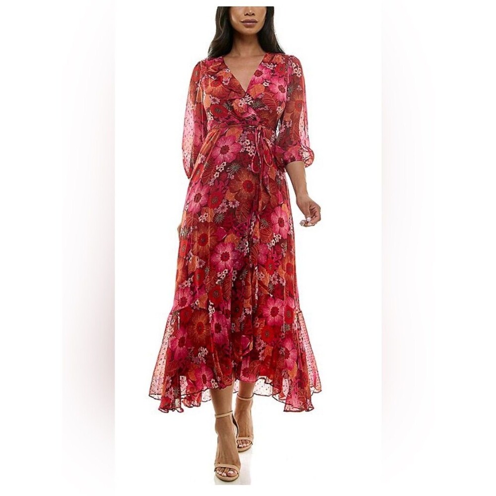 Maison Tara Red and Pink Floral High-Low Wrap Dress Size 12 New without Tags